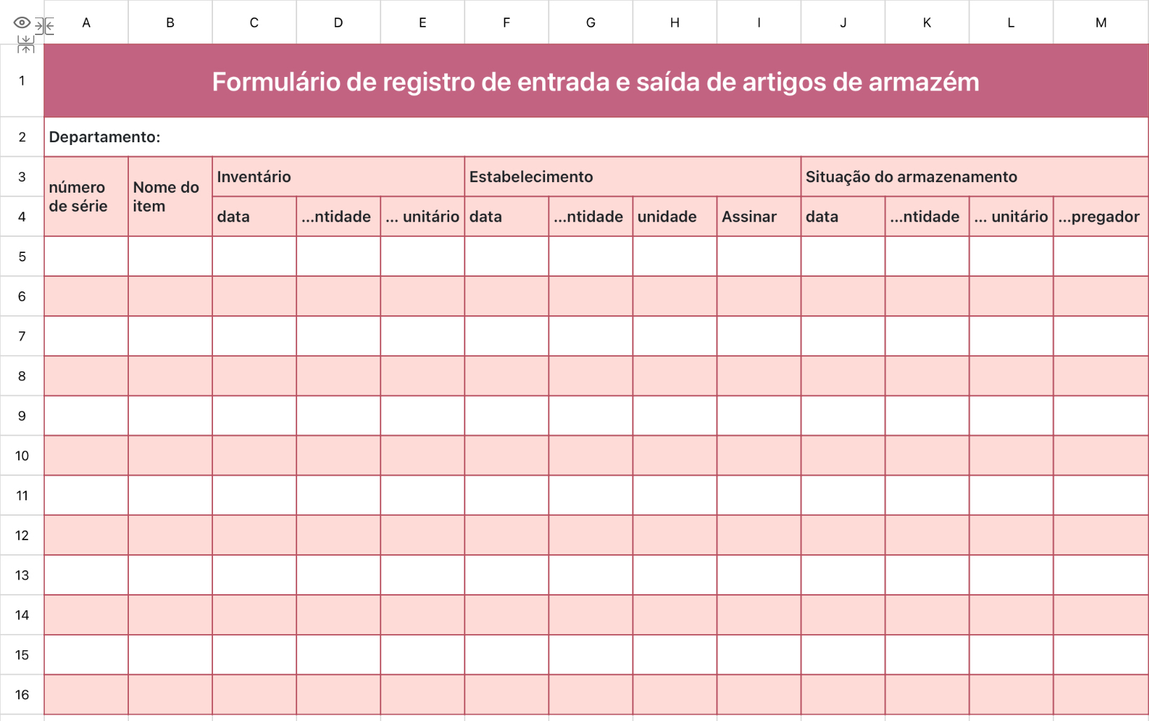 Formulário de registro de entrada e saída de artigos de armazém